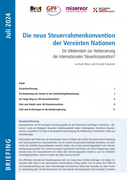Briefing Cover mit Logos der Herausgeber und Titel "Die neue Steuerkonvention der Vereinten Nationen"