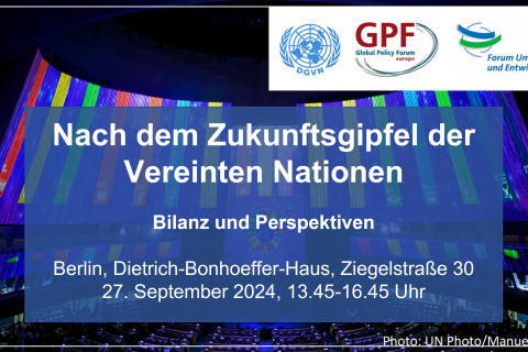Cover zum Fachgespräch SOTF 09/2024 Berlin. Im Hintergrund der Plenarsaal der UN im Vordergrund Logos der veranstaltenden Organisationen und Titel des Fachgesprächs