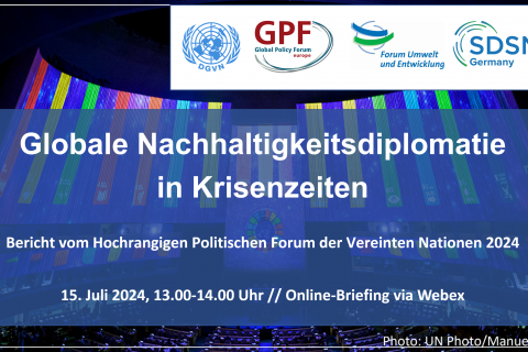 Coverbild zur Onlineveranstaltung mit Logos und Titel: Globale Nachhaltigkeitsdiplomatie in Krisenzeiten