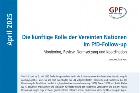 Coverbild von GPF-Briefing in corporate design und Titel "Die künftige Rolle der Vereinten Nationen im FfD-Follow-up